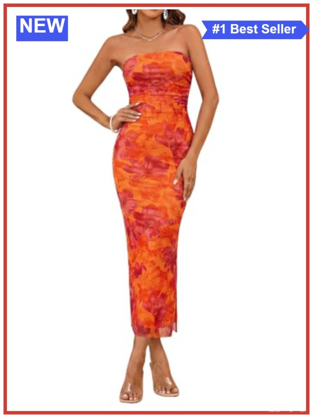 Women Floral Strapless Bodycon Maxi Dress Side Slit Wedding Guest